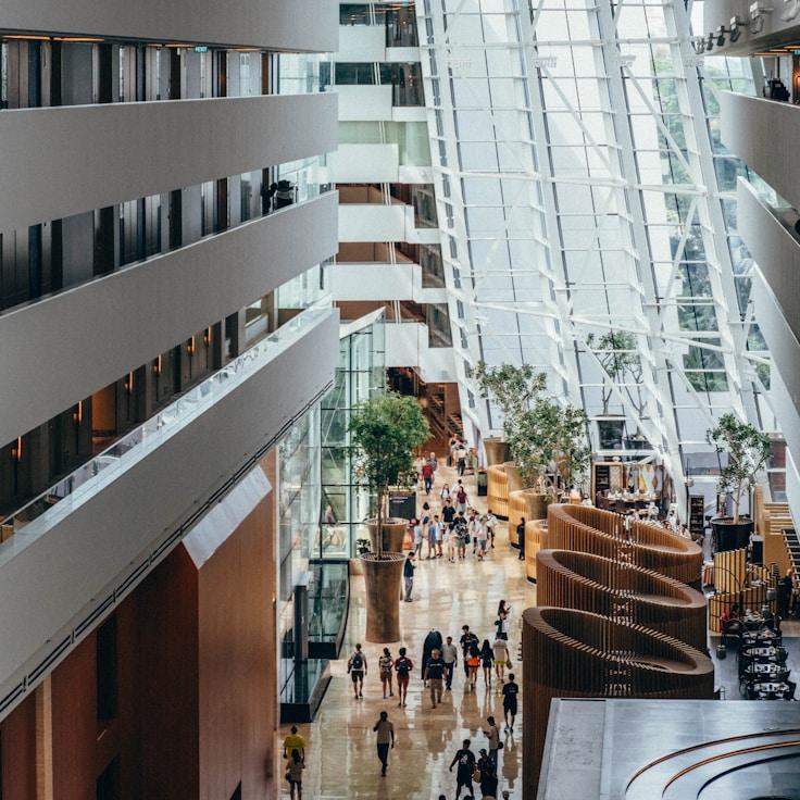 Modern shopping mall interior with family areas